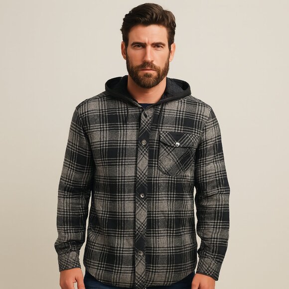 Kolby Men's Black and Gray Plaid Casual Flannel Hooded Button Down Shirt Size L - Picture 1 of 8